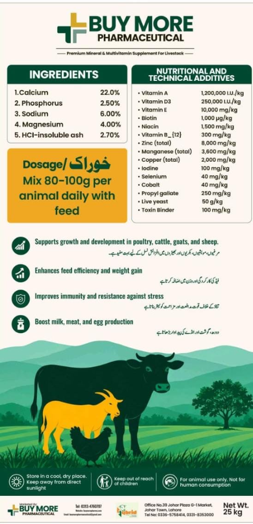 Vitamore formulation specs - chelated minerals, Vitamin D3, live yeast for cattle